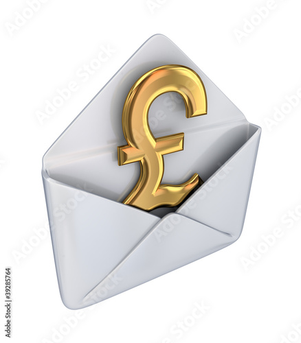 Golden pound sterling sign in a white envelope.