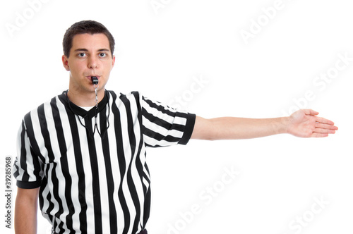 Teen basketball referee giving possession sign