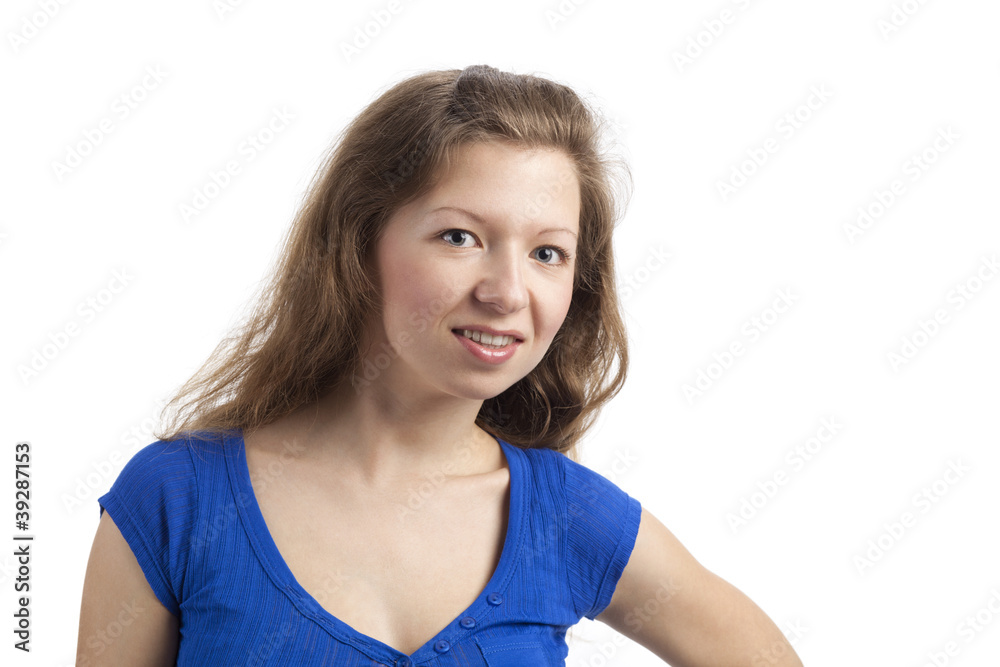 Motivierte junge Frau mit blauem T-Shirt Motivierte junge Frau mit blauem T-Shirt