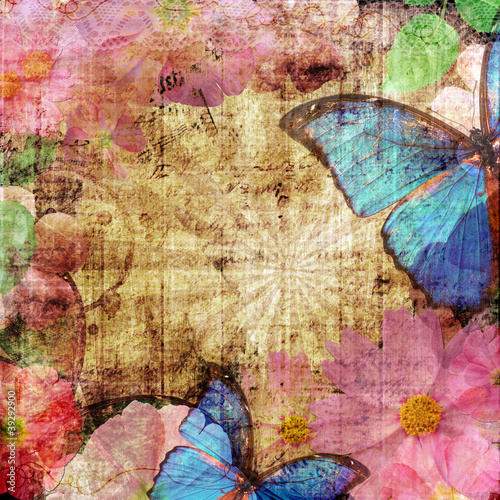 Vintage background with butterfly and flowers