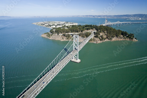 San Francisco Bay bridge aerial view w Treasure Island