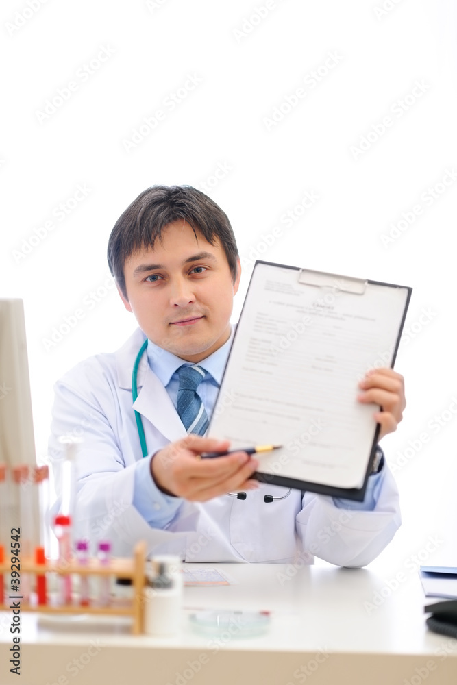 Medical doctor stretching clipboard for you toi