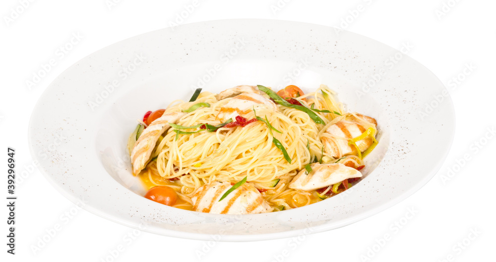 close-up of plate of pasta and chicken close-up of plate of pasta and chicken