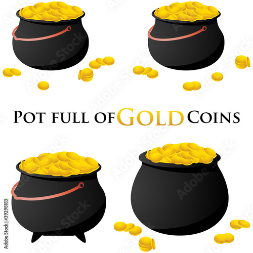 Pot full of gold coins symbol isolated on white