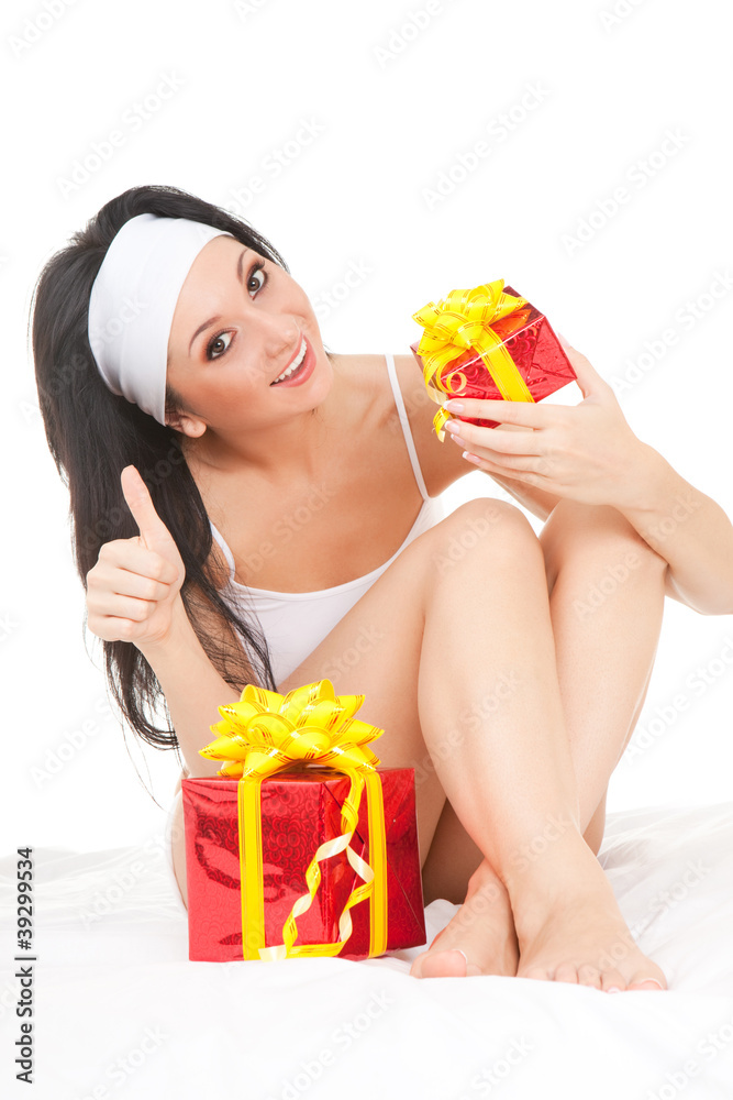 Cute woman with holiday gift box Cute woman with holiday gift box