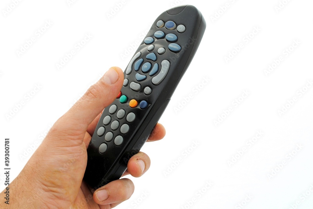 man hand holds a remote controller, isolated on white background man hand holds a remote controller, isolated on white background