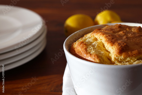 Cheese soufflé with lemons served for lunch