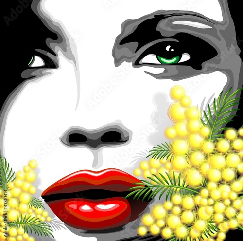 Viso Bella Donna e Mimosa-Woman Girl's Face and Mimosa