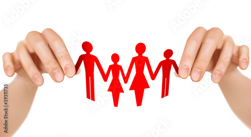 Paper family in hands. Vector illustration.