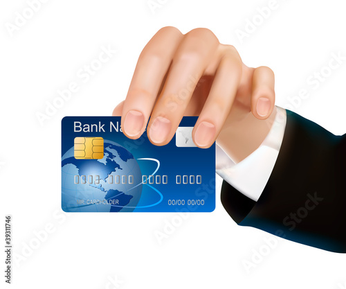 Credit card with chip in woman s hand  Vector illustration