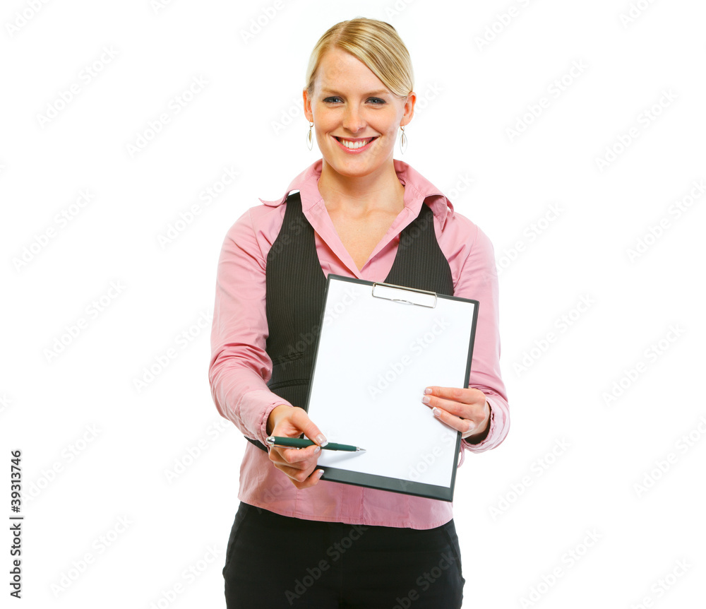 Woman employee stretches clipboard and pen for sign Woman employee stretches clipboard and pen for sign