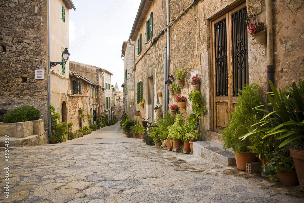 traditional Valldemosa Majorca village street, Spain