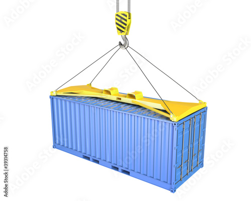 Freight container hoisted on container spreader
