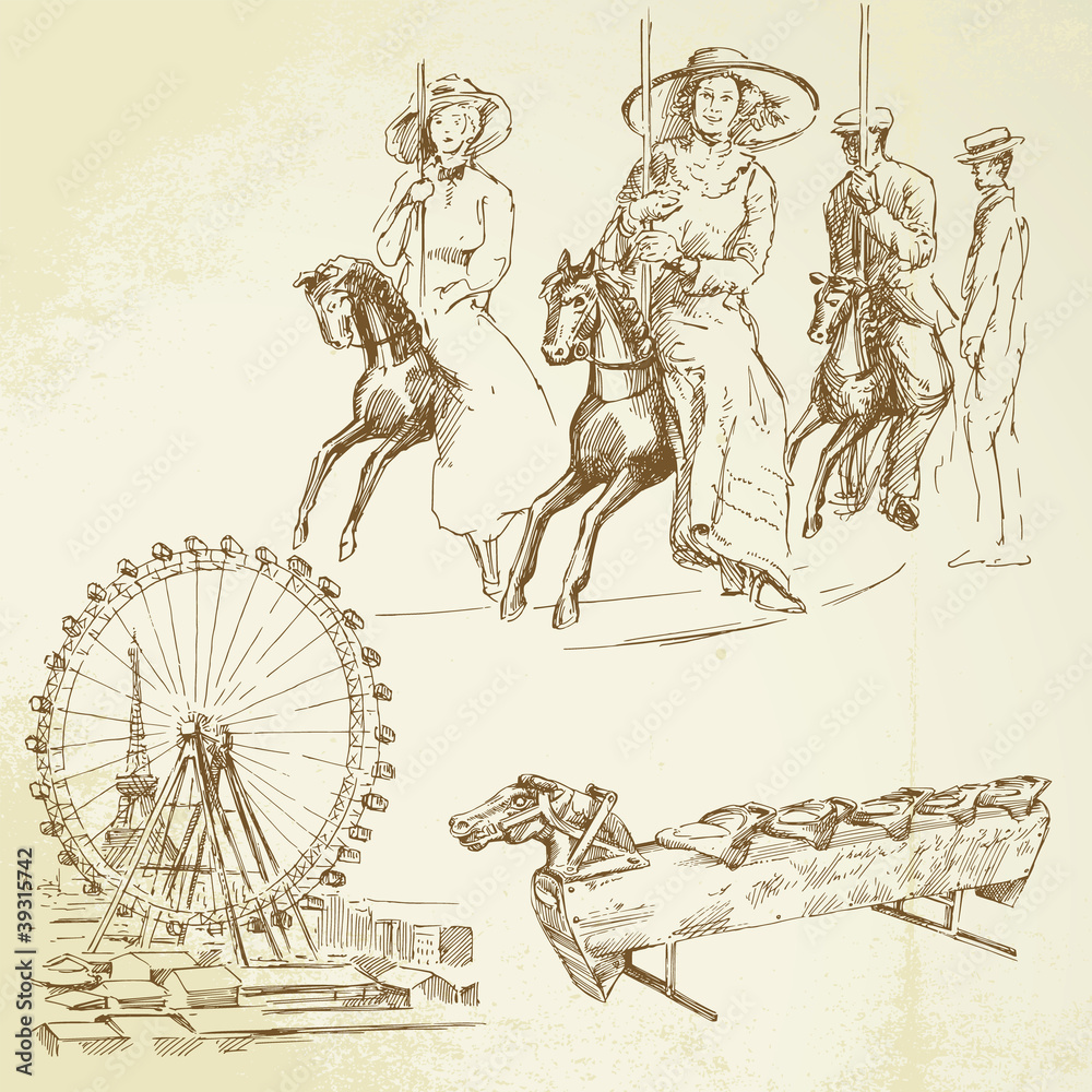 Obraz premium vintage merry go round - hand drawn set