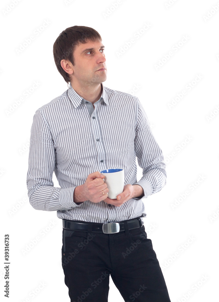 Business man having cup of tea over white background Business man having cup of tea over white background