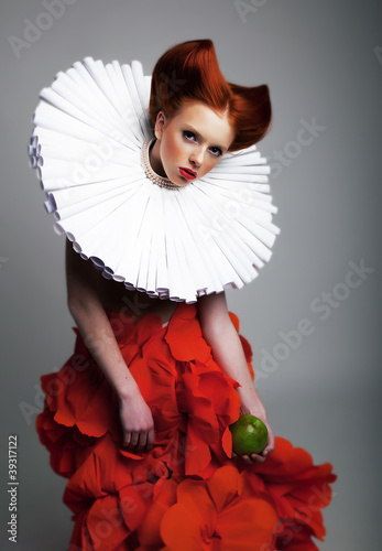Photography Romantic portrait of redhair woman in white jabot and red dress