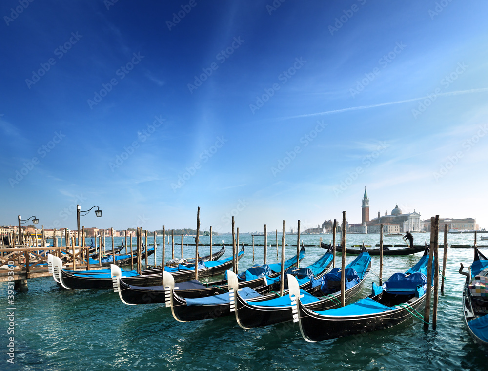 Gondolas on Grand Canal and San Giorgio Maggiore church in Venic