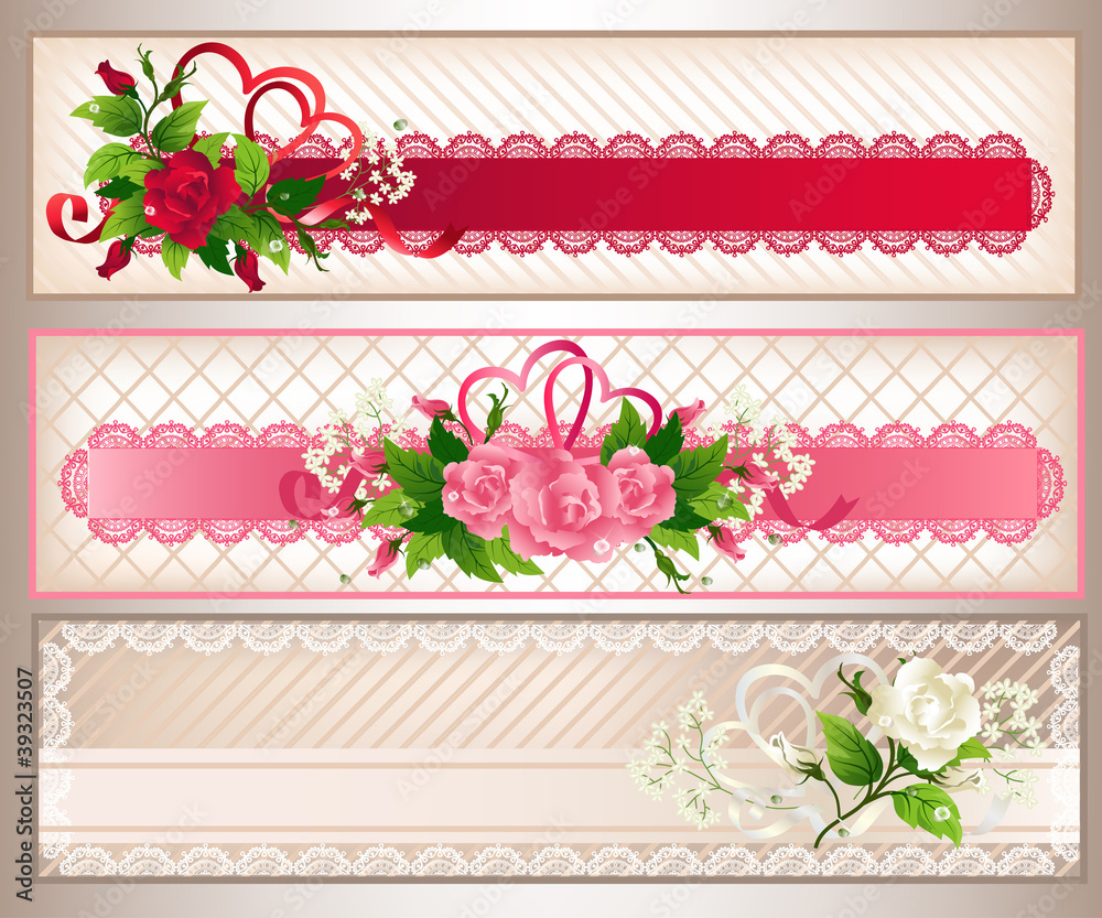Beautiful retro rose banners set with lace elements.