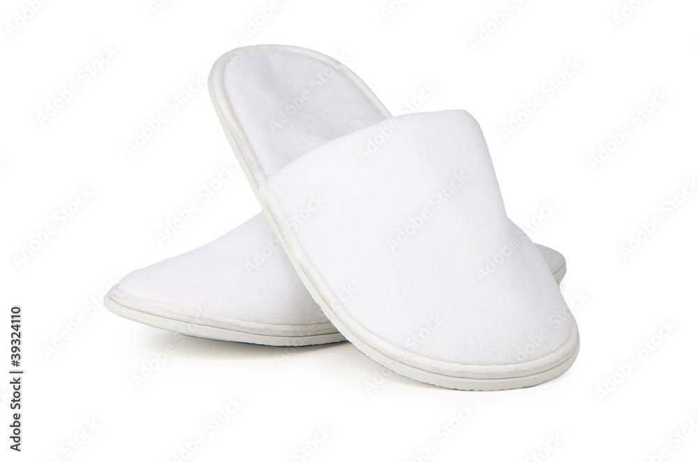 A pair of white slippers - obrazy, fototapety, plakaty 
