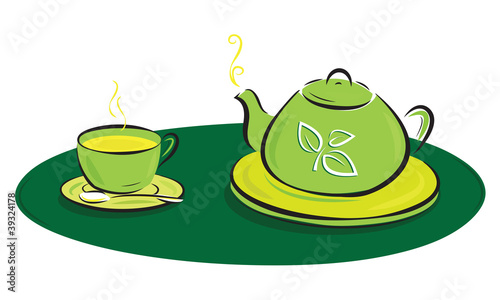teapot with leaves symbols and cup illustration