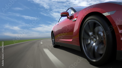 Red sport car moving on the road, loop-ready