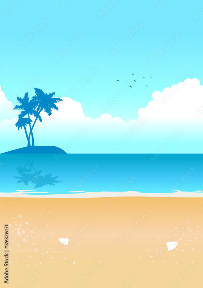 Beach with small island with palm trees on it