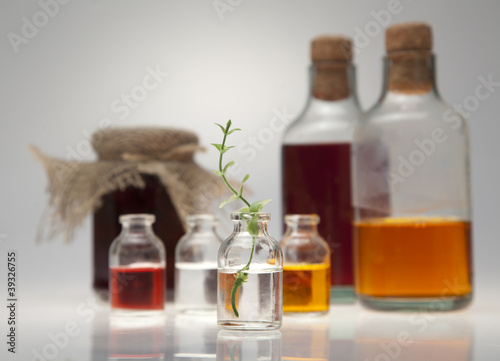 Small bottle with a green branch on a grey table