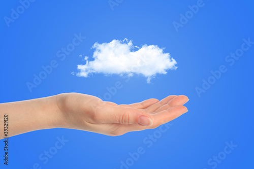 Hand and a white cloud concept for background