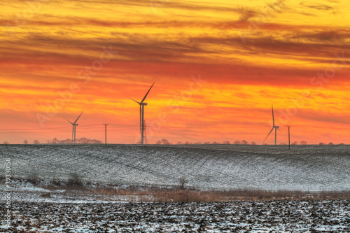 Wind turbines field at sunset