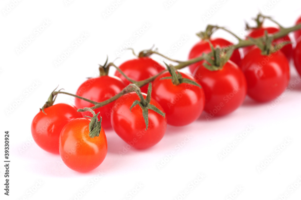 Beautiful cherry tomatoes on a branch isolated on white Beautiful cherry tomatoes on a branch isolated on white