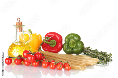 spaghetti, jar of oil, rosemary, paprika and tomatoes cherry