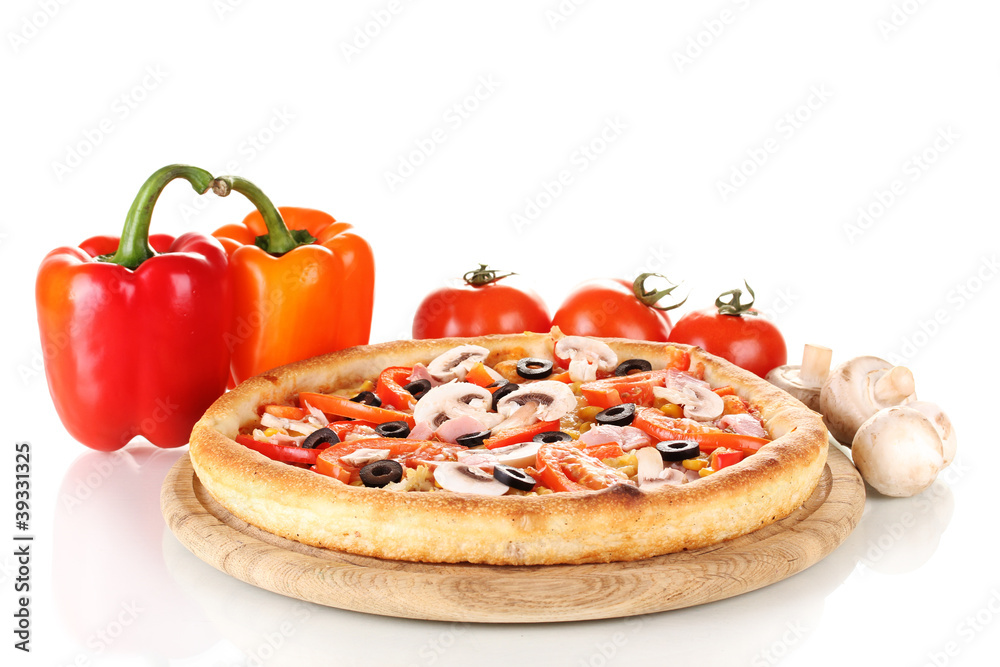 Aromatic pizza with vegetables and mushrooms isolated on white Aromatic pizza with vegetables and mushrooms isolated on white