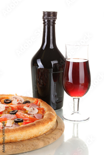 Aromatic pizza and wine isolated on white