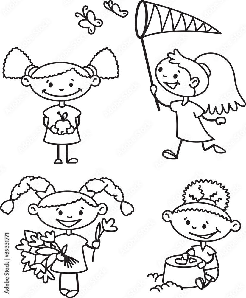 Set with cute girls caracters, outline version Set with cute girls caracters, outline version