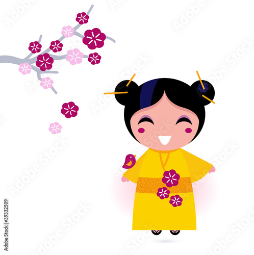Asia girl in yellow kimono isolated on white