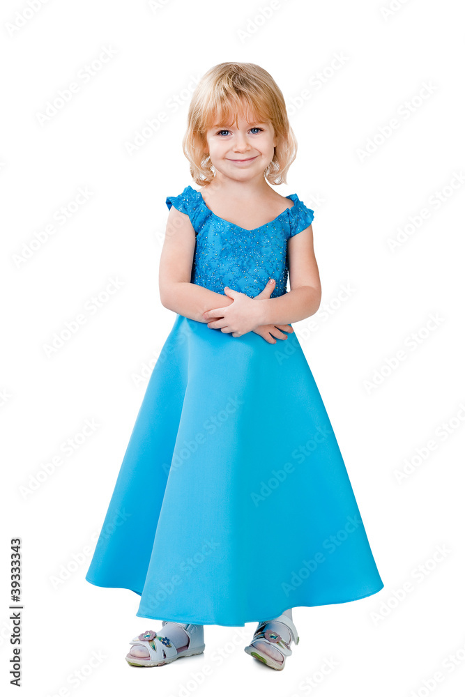 sweetheart little girl wearing blue dress isolated on white stud sweetheart little girl wearing blue dress isolated on white stud