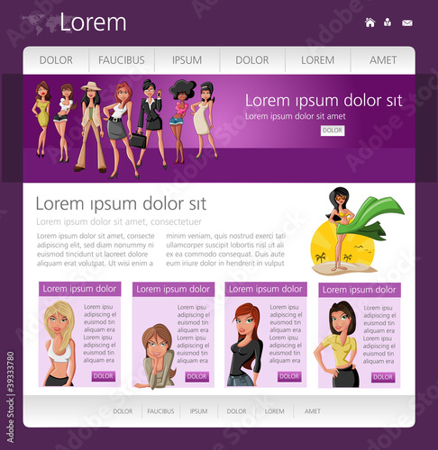 Pink Website Template with cartoon girls. Vector illustration.