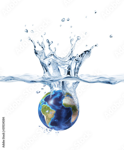 Planet Earth, splashing into clear water.
