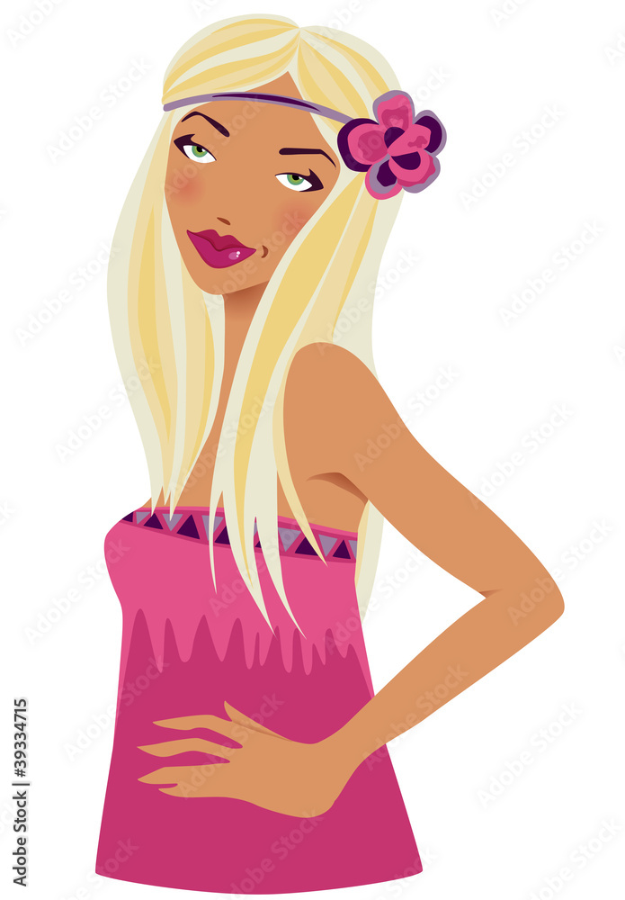 Blonde woman in pink with a flower Blonde woman in pink with a flower