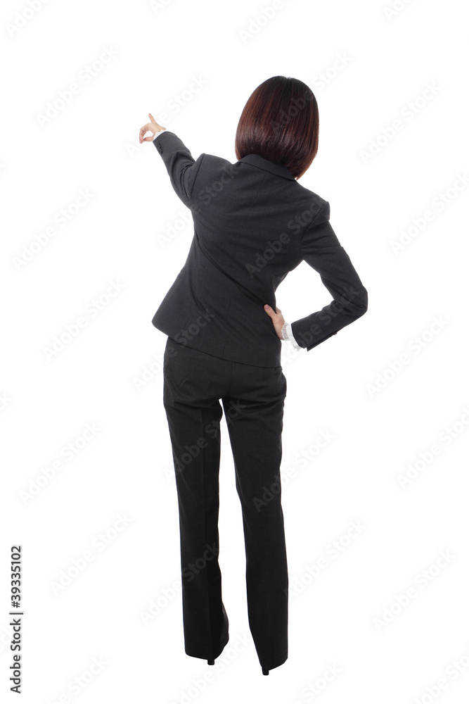 full length Business woman points finger in back full length Business woman points finger in back