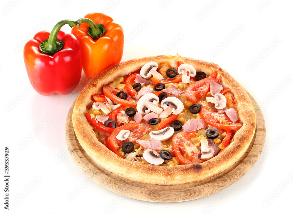 Aromatic pizza with vegetables isolated on white
