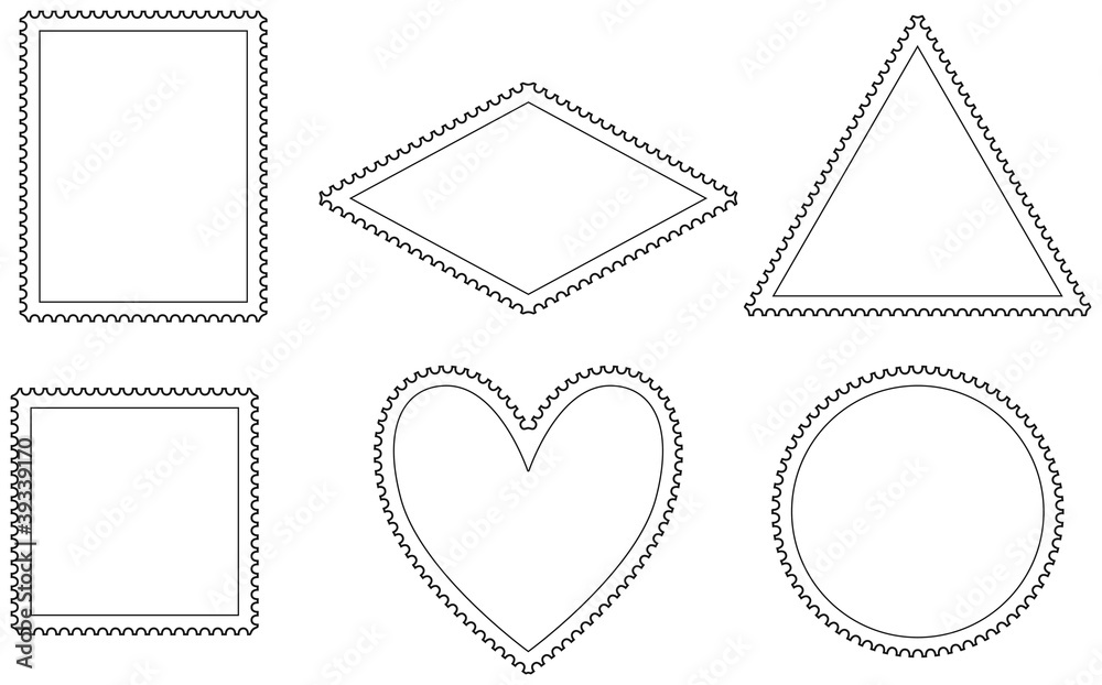 Variations of postage stamp templates in the shape of a rectangle, rhombus, triangle, square, heart and circle. Illustration on white background. Vector.