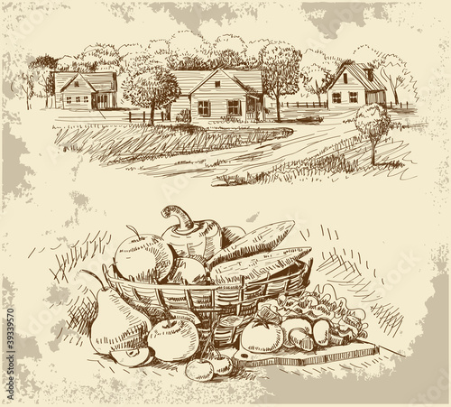 Village houses sketch with food