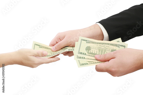 Hands giving money isolated on white background