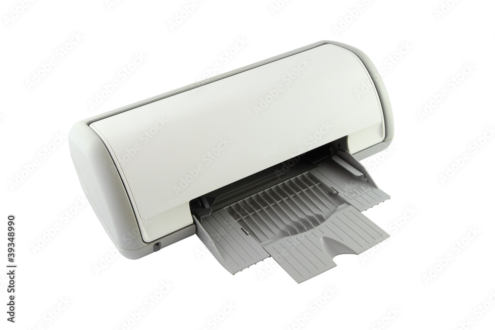 Side of empty tray printer on white background. Side of empty tray printer on white background.