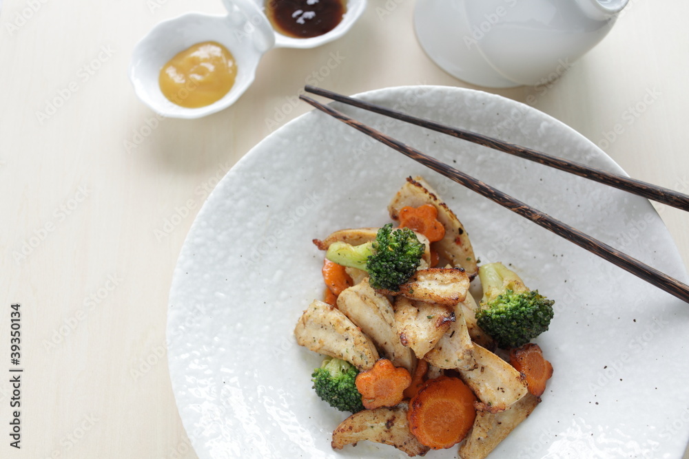 chinese cuisine, chicken soft bone and broccoli stir fried chinese cuisine, chicken soft bone and broccoli stir fried