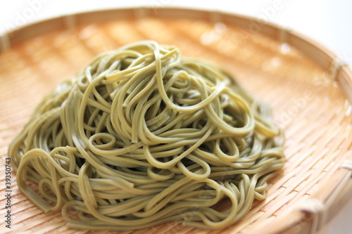 Japanese cuisine, green tea soba on bamboo basket