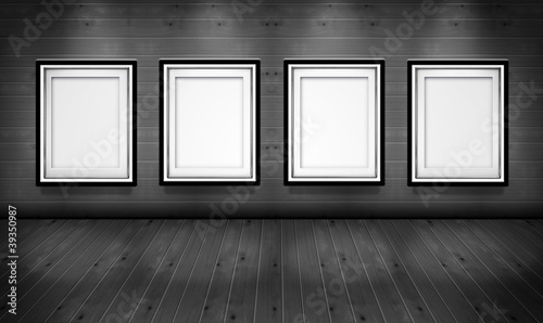 Empty picture frames in the art gallery wood black white room
