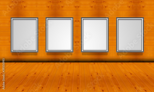 Empty picture frames in the art gallery wood room no light