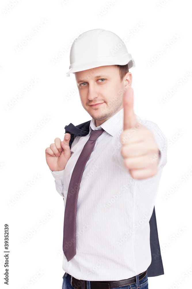 Successful engineer with thumbs up gesture isolated on white bac Successful engineer with thumbs up gesture isolated on white bac